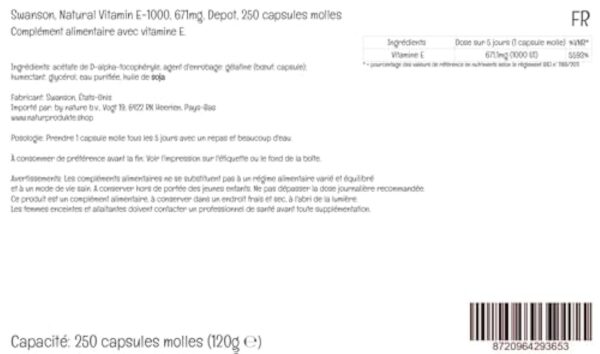 Swanson, Natural E-1000, Vitamine E Haute Dosée, 1000 UI, Dépôt, 1 Capsule tous les 5 Jours, 250 Capsules molles, Testé en Laboratoire, Sans Gluten, Sans OGM – Image 5