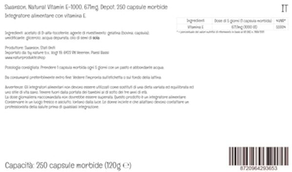 Swanson, Natural E-1000, Vitamine E Haute Dosée, 1000 UI, Dépôt, 1 Capsule tous les 5 Jours, 250 Capsules molles, Testé en Laboratoire, Sans Gluten, Sans OGM – Image 6