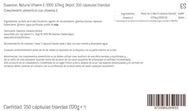 Swanson, Natural E-1000, Vitamine E Haute Dosée, 1000 UI, Dépôt, 1 Capsule tous les 5 Jours, 250 Capsules molles, Testé en Laboratoire, Sans Gluten, Sans OGM – Image 7