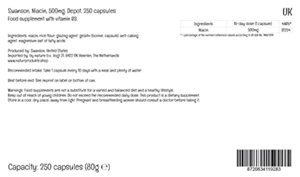 Swanson, Niacine, 500mg, Dépôt, Tous les 5 Jours 1 Capsule, 250 Capsule, Hautement Dosé, Testé en Laboratoire, Sans Soja, Sans Gluten, Sans OGM – Image 4