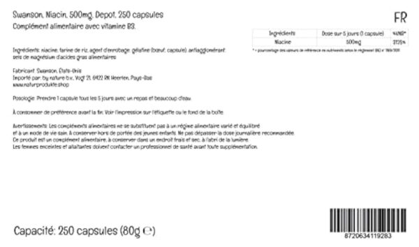 Swanson, Niacine, 500mg, Dépôt, Tous les 5 Jours 1 Capsule, 250 Capsule, Hautement Dosé, Testé en Laboratoire, Sans Soja, Sans Gluten, Sans OGM – Image 5