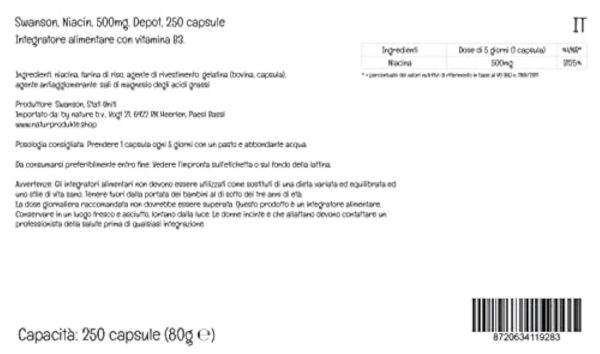 Swanson, Niacine, 500mg, Dépôt, Tous les 5 Jours 1 Capsule, 250 Capsule, Hautement Dosé, Testé en Laboratoire, Sans Soja, Sans Gluten, Sans OGM – Image 6