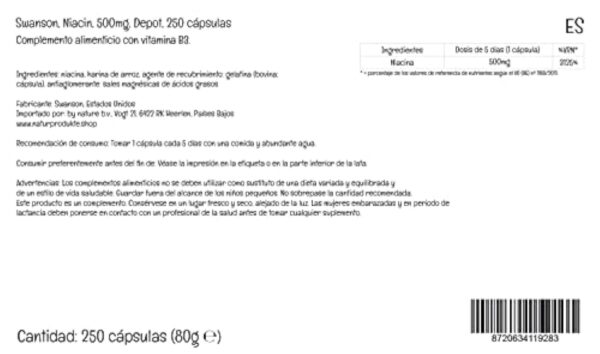 Swanson, Niacine, 500mg, Dépôt, Tous les 5 Jours 1 Capsule, 250 Capsule, Hautement Dosé, Testé en Laboratoire, Sans Soja, Sans Gluten, Sans OGM – Image 7