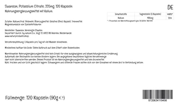 Swanson, Potassium Citrate (Citrate de Potassium), 99mg de Potassium par Capsule, 120 Capsule, Haute Dosé, Testé en Laboratoire, Sans Soja, Sans Gluten, Sans OGM – Image 3