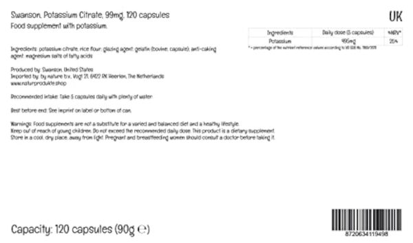 Swanson, Potassium Citrate (Citrate de Potassium), 99mg de Potassium par Capsule, 120 Capsule, Haute Dosé, Testé en Laboratoire, Sans Soja, Sans Gluten, Sans OGM – Image 4