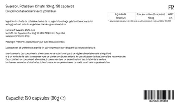 Swanson, Potassium Citrate (Citrate de Potassium), 99mg de Potassium par Capsule, 120 Capsule, Haute Dosé, Testé en Laboratoire, Sans Soja, Sans Gluten, Sans OGM – Image 5