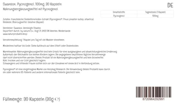 Swanson, Pycnogenol, 100mg, Extrait d'Écorce de Pin, Haute Dosé, 30 Capsules, Testé en Laboratoire, Sans Soja, Sans Gluten, Sans OGM – Image 3