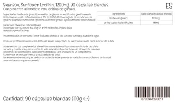 Swanson, Sunflower Lecithin, 1200mg, Lécithine de Tournesol, Haute Dosé, 90 Capsules molles, Testé en Laboratoire, Sans Soja, Sans Gluten, Sans OGM – Image 7