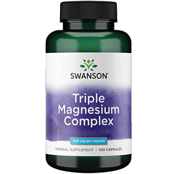 Swanson, Triple Magnesium Complex, avec 400mg de Magnésium par Capsule, 100 Capsules végétaliennes, Haute Dosé, Testé en Laboratoire, Végétariennes, Sans Soja, Sans Gluten, Sans OGM