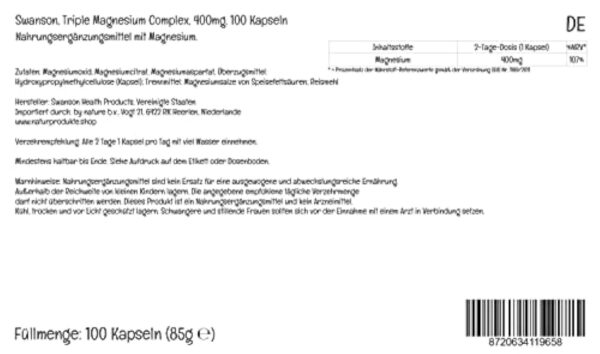 Swanson, Triple Magnesium Complex, avec 400mg de Magnésium par Capsule, 100 Capsules végétaliennes, Haute Dosé, Testé en Laboratoire, Végétariennes, Sans Soja, Sans Gluten, Sans OGM – Image 3