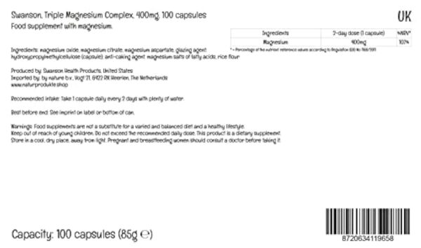 Swanson, Triple Magnesium Complex, avec 400mg de Magnésium par Capsule, 100 Capsules végétaliennes, Haute Dosé, Testé en Laboratoire, Végétariennes, Sans Soja, Sans Gluten, Sans OGM – Image 4