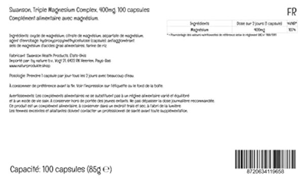 Swanson, Triple Magnesium Complex, avec 400mg de Magnésium par Capsule, 100 Capsules végétaliennes, Haute Dosé, Testé en Laboratoire, Végétariennes, Sans Soja, Sans Gluten, Sans OGM – Image 5