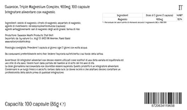 Swanson, Triple Magnesium Complex, avec 400mg de Magnésium par Capsule, 100 Capsules végétaliennes, Haute Dosé, Testé en Laboratoire, Végétariennes, Sans Soja, Sans Gluten, Sans OGM – Image 6