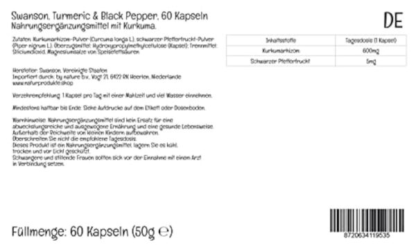 Swanson, Turmeric & Black Pepper (Curcuma & Poivre noir), 600mg, 60 Capsules végétaliennes, Testé en Laboratoire, Sans Soja, Végétarien, Sans Gluten, Sans OGM – Image 3