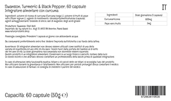 Swanson, Turmeric & Black Pepper (Curcuma & Poivre noir), 600mg, 60 Capsules végétaliennes, Testé en Laboratoire, Sans Soja, Végétarien, Sans Gluten, Sans OGM – Image 6