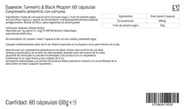 Swanson, Turmeric & Black Pepper (Curcuma & Poivre noir), 600mg, 60 Capsules végétaliennes, Testé en Laboratoire, Sans Soja, Végétarien, Sans Gluten, Sans OGM – Image 7