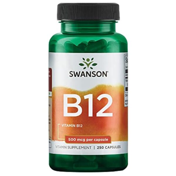 Swanson, Vitamine B12, Cyanocobalamine, 500mcg, 250 Capsules, Hautement Dosé, Testé en Laboratoire, Sans Soja, Sans Gluten, Sans OGM