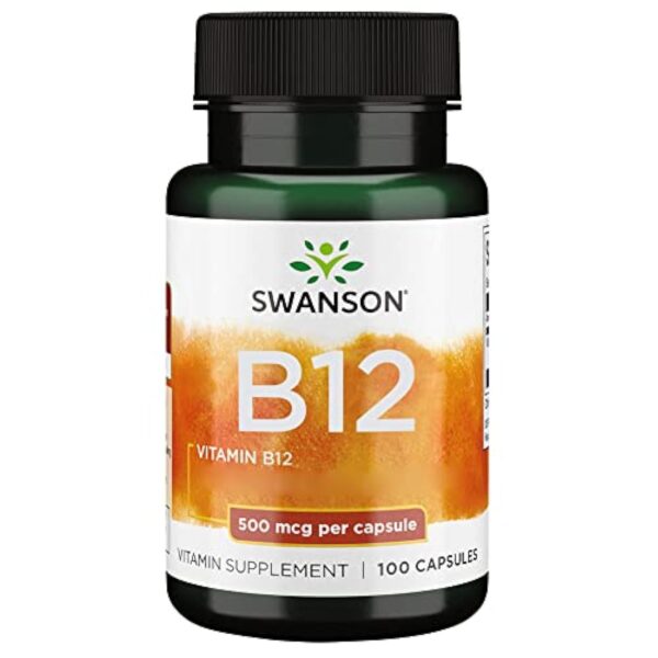 Swanson, Vitamine B12, Cyanocobalamine, 500mcg, 100 Capsules, Hautement Dosé, Testé en Laboratoire, Sans Soja, Sans Gluten, Sans OGM