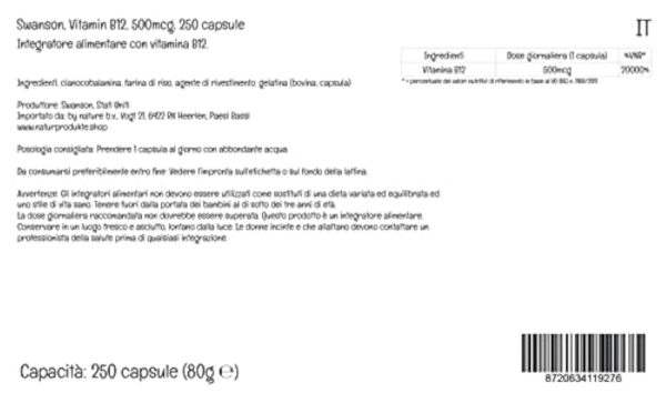 Swanson, Vitamine B12, Cyanocobalamine, 500mcg, 250 Capsules, Hautement Dosé, Testé en Laboratoire, Sans Soja, Sans Gluten, Sans OGM – Image 3