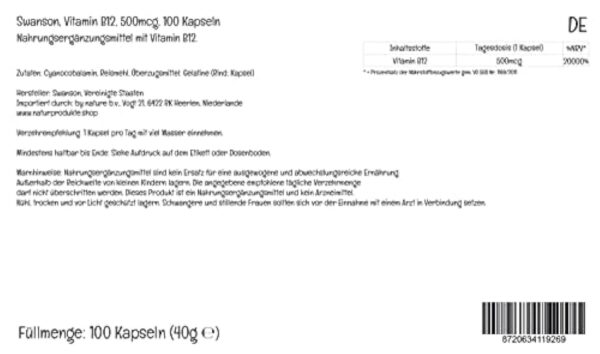 Swanson, Vitamine B12, Cyanocobalamine, 500mcg, 100 Capsules, Hautement Dosé, Testé en Laboratoire, Sans Soja, Sans Gluten, Sans OGM – Image 3