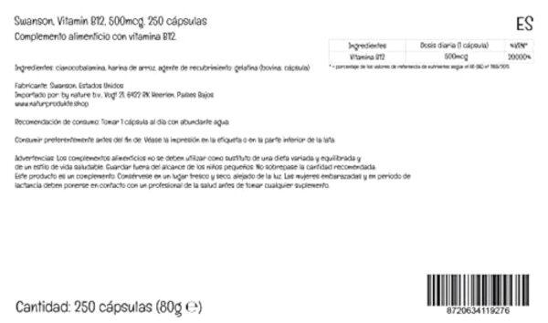 Swanson, Vitamine B12, Cyanocobalamine, 500mcg, 250 Capsules, Hautement Dosé, Testé en Laboratoire, Sans Soja, Sans Gluten, Sans OGM – Image 6