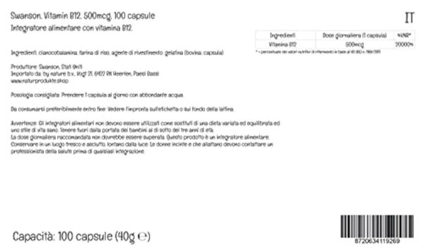 Swanson, Vitamine B12, Cyanocobalamine, 500mcg, 100 Capsules, Hautement Dosé, Testé en Laboratoire, Sans Soja, Sans Gluten, Sans OGM – Image 6
