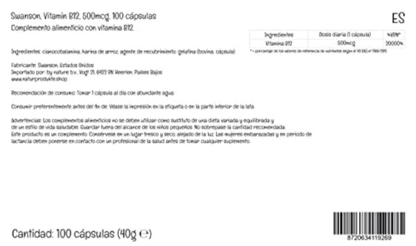 Swanson, Vitamine B12, Cyanocobalamine, 500mcg, 100 Capsules, Hautement Dosé, Testé en Laboratoire, Sans Soja, Sans Gluten, Sans OGM – Image 7