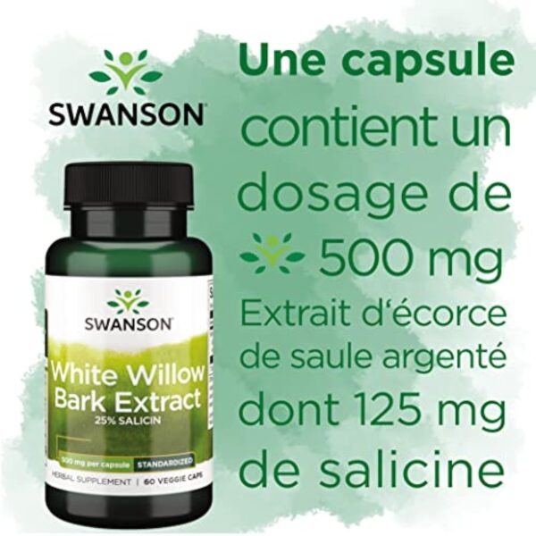 Swanson, White Willow Bark Extract (Extrait d'Écorce de Saule Blanc), 500mg, 60 Capsules végétaliennes, Hautement Dosées, Testées en Laboratoire, Végétariennes, Sans Soja, Sans Gluten, Sans OGM – Image 6