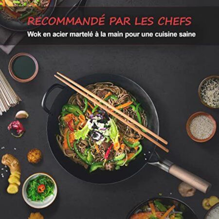 Flavemotion wok + anneau wok pour cuisinière à gaz, grill (30 cm, fond rond) wok martelé à la main en acier au carbone avec poignée en bois, y compris anneau wok pour le rangement – Image 3