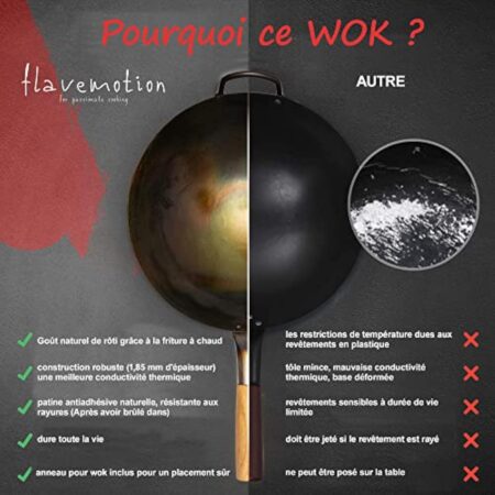 Flavemotion wok + anneau wok pour cuisinière à gaz, grill (30 cm, fond rond) wok martelé à la main en acier au carbone avec poignée en bois, y compris anneau wok pour le rangement – Image 5