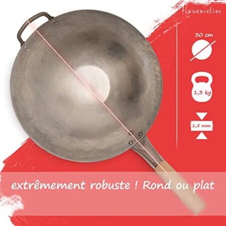 Flavemotion wok + anneau wok pour cuisinière à gaz, grill (30 cm, fond rond) wok martelé à la main en acier au carbone avec poignée en bois, y compris anneau wok pour le rangement – Image 6