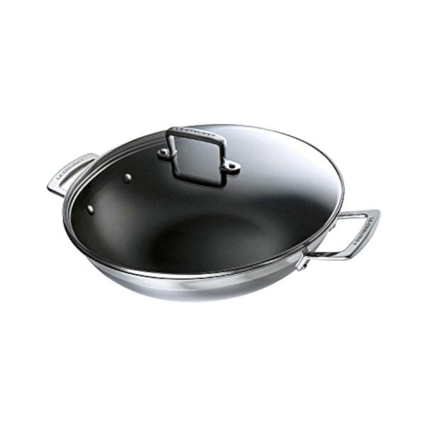 Le Creuset Wok Anti-adhérent avec Couvercle en verre Le Creuset 30 cm, Inox 3-ply Intégral,Capacité 4,3 L, Argenté,96201130001000