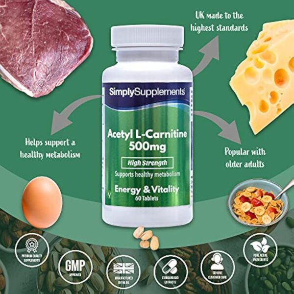 Acétyl L-Carnitine 500mg | Enrichi en vitamine B6 | 60 Comprimés | Adapté aux végétaliens | Jusqu’à 2 mois de bienfaits | SimplySupplements – Image 3