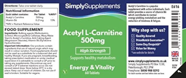 Acétyl L-Carnitine 500mg | Enrichi en vitamine B6 | 60 Comprimés | Adapté aux végétaliens | Jusqu’à 2 mois de bienfaits | SimplySupplements – Image 6