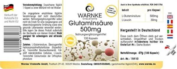 Acide Glutamique 500mg - 100 gélules - Végétarien - Substance pure sans additifs | Warnke Vitalstoffe - Qualité des pharmacies allemandes – Image 3