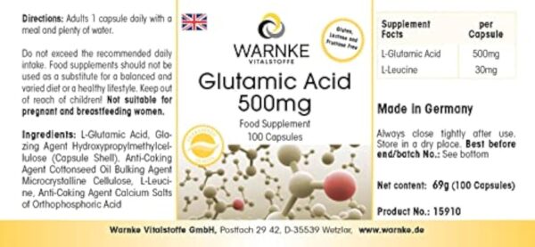 Acide Glutamique 500mg - 100 gélules - Végétarien - Substance pure sans additifs | Warnke Vitalstoffe - Qualité des pharmacies allemandes – Image 4