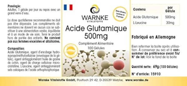 Acide Glutamique 500mg - 100 gélules - Végétarien - Substance pure sans additifs | Warnke Vitalstoffe - Qualité des pharmacies allemandes – Image 5