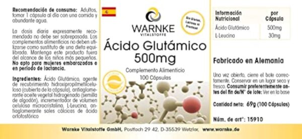 Acide Glutamique 500mg - 100 gélules - Végétarien - Substance pure sans additifs | Warnke Vitalstoffe - Qualité des pharmacies allemandes – Image 6