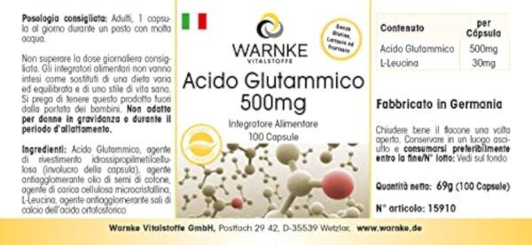 Acide Glutamique 500mg - 100 gélules - Végétarien - Substance pure sans additifs | Warnke Vitalstoffe - Qualité des pharmacies allemandes – Image 7