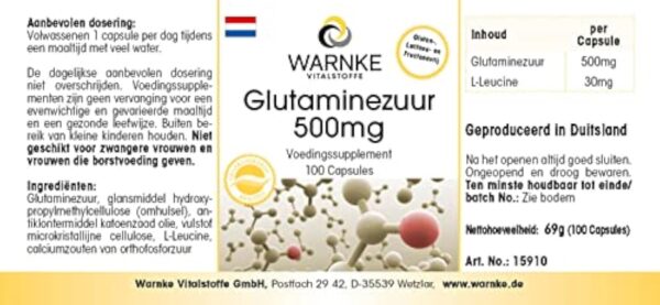 Acide Glutamique 500mg - 100 gélules - Végétarien - Substance pure sans additifs | Warnke Vitalstoffe - Qualité des pharmacies allemandes – Image 8