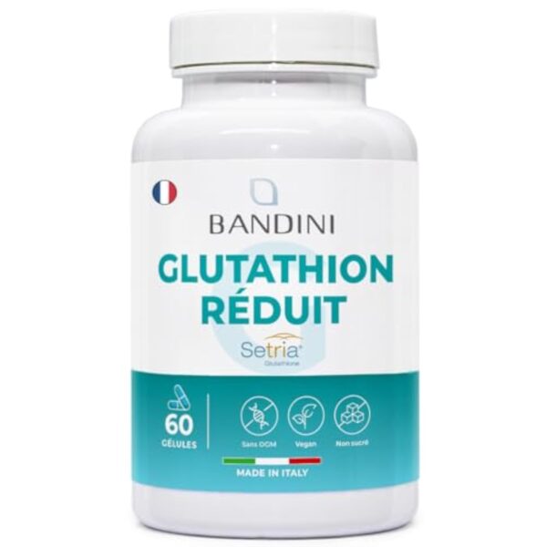 Bandini® Glutathion Fort 250 mg par Gélule | L-Glutathion Setria Bioactif Réduit | 60 Gélules | Complément à Haut Dosage et Absorption | Puissant Antioxydant Naturel Foie | Capsules végétaliennes