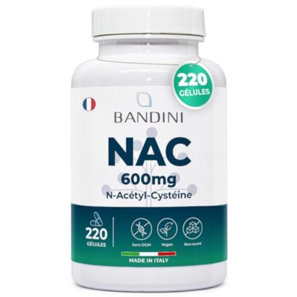 Bandini® NAC N-Acétyl-Cystéine 600mg - 220 Gélules (+7 Mois) Vegan - N-Acetyl-Cysteine Complément Antioxydant - Synthèse du Glutathion - N Acétylcystéine Biodisponible Absorption Rapide - Sans Gluten