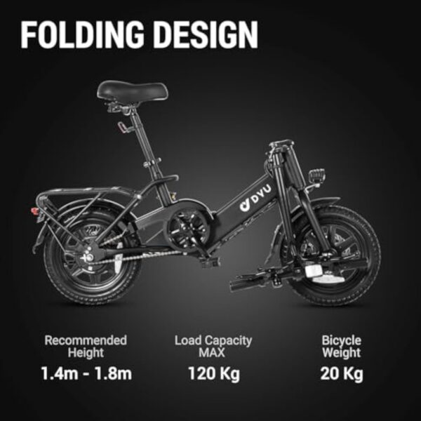 DYU Vélo Électrique, 14" Vélo Électrique Pliable, Mini Ebike avec Pedal Assist, 36V 7,5Ah Batterie, Réglable en Hauteur, Veilleuses, Hauteur Réglable, Frein à Double Disque, Compact et Portable – Image 3