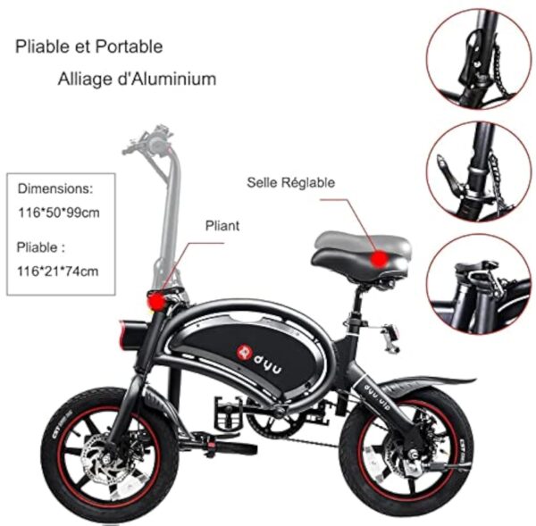 DYU Vélo Électrique Pliable,14 Pouces Vélo Électrique Portable,Smart E-Bike avec 3 Modes de Conduite, Pédalage Assisté, Hauteur Réglable, Portable Compact, Adulte Unisexe – Image 3