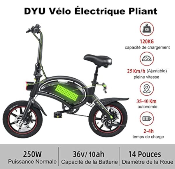 DYU Vélo Électrique Pliable,14 Pouces Vélo Électrique Portable,Smart E-Bike avec 3 Modes de Conduite, Pédalage Assisté, Hauteur Réglable, Portable Compact, Adulte Unisexe – Image 4