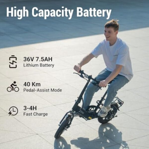 DYU Vélo Électrique, 14" Vélo Électrique Pliable, Mini Ebike avec Pedal Assist, 36V 7,5Ah Batterie, Réglable en Hauteur, Veilleuses, Hauteur Réglable, Frein à Double Disque, Compact et Portable – Image 5