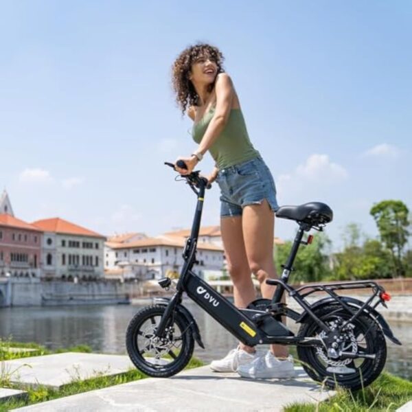 DYU Vélo Électrique, 14" Vélo Électrique Pliable, Mini Ebike avec Pedal Assist, 36V 7,5Ah Batterie, Réglable en Hauteur, Veilleuses, Hauteur Réglable, Frein à Double Disque, Compact et Portable – Image 8