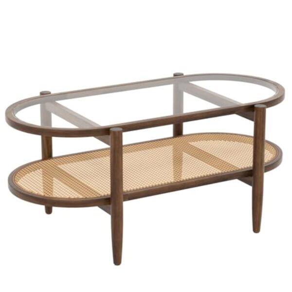 GIANTEX Table Basse Ovale en Bois Massif avec Plateau en Verre & Étagère en Rotin, Table Basse Salon, Table Basse Rustique, Table à Thé, Table d'Appoint pour Salon, 102 x 56 x 47 cm (Marron) – Image 9