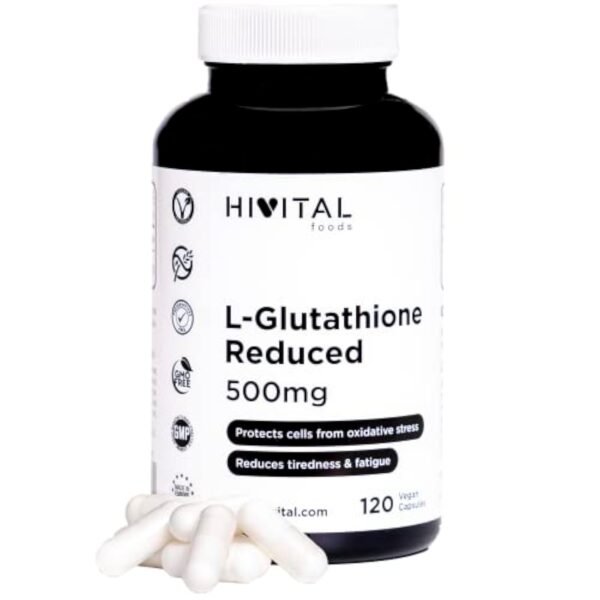 Glutathion 500 mg réduit à 98%. 120 gélules végétaliennes pour 4 mois. Acide aminé L-Glutathion, Antioxydant cellulaire qui aide à rajeunir les cellules et à réduire la fatigue et la lassitude