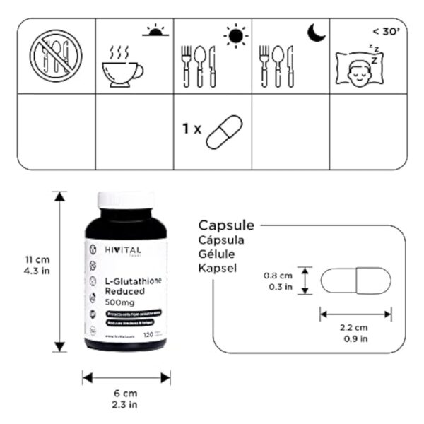 Glutathion 500 mg réduit à 98%. 120 gélules végétaliennes pour 4 mois. Acide aminé L-Glutathion, Antioxydant cellulaire qui aide à rajeunir les cellules et à réduire la fatigue et la lassitude – Image 4